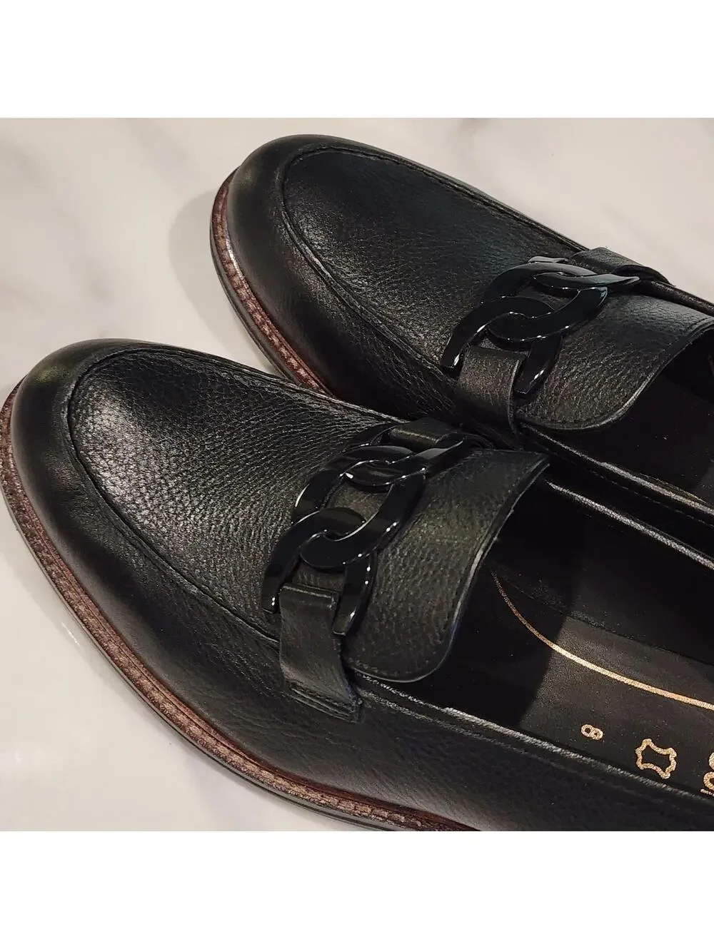 Ara Black Leather Loafers Women's Size 10 Chain Accent Comfort Shoes NWOB